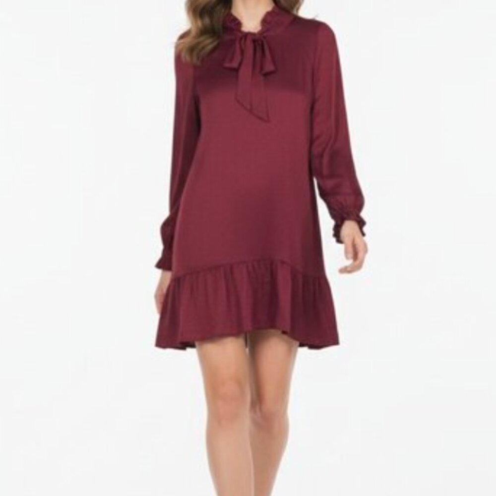 SANDRO Long Sleeve Tie Neck Burgundy Mini Dress